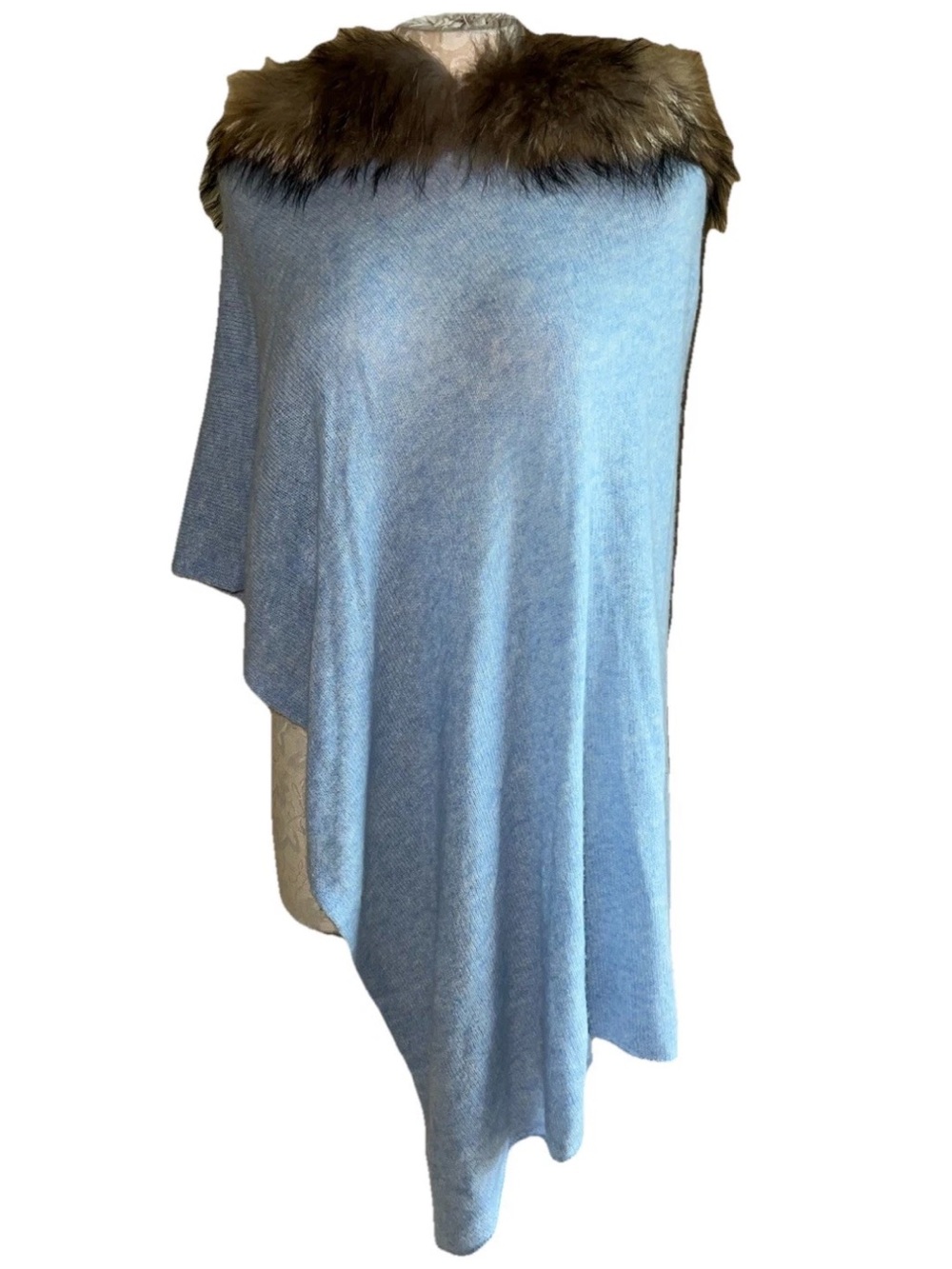 Brodie Cashmere Asymmetrical Poncho - Light Blue with Genuine Fur Collar - OS